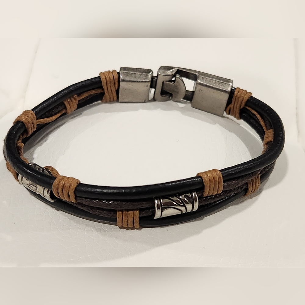 Vintage Leather Wrist Cuff Bangle, Black-brown Leather Bracelet